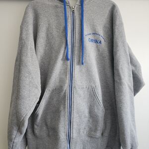 Jerzees Y2k Religous Gray Zip-Up Sweater with Blue Accents
